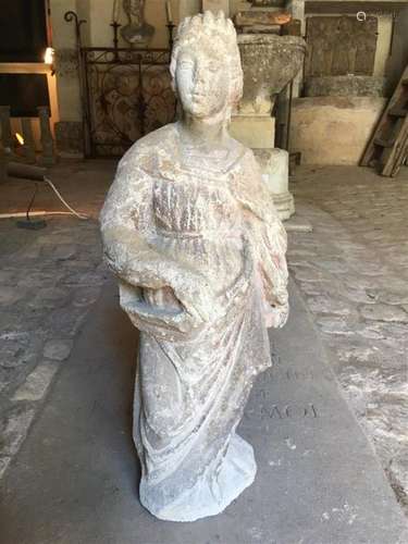 Sainte couronnée en pierre sculptée. 64 x 24 x 15 …