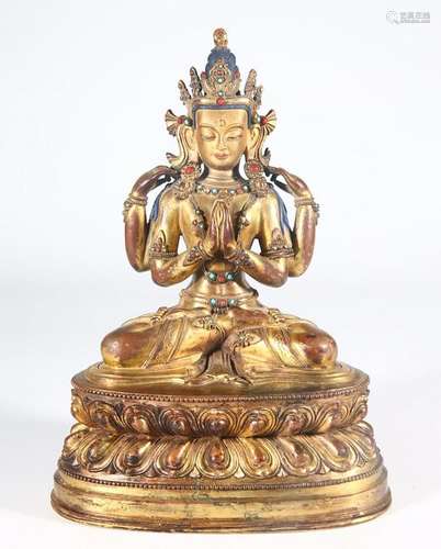 CHINESE GILT BRONZE FIGURE OF FOUR ARMED GUANYIN