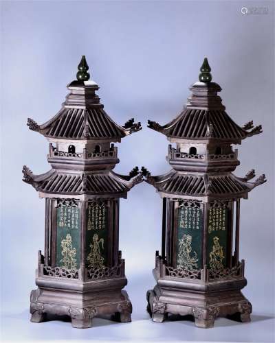 A Pair of Chinese Carved Zitan Lamps with Jade Inlaid