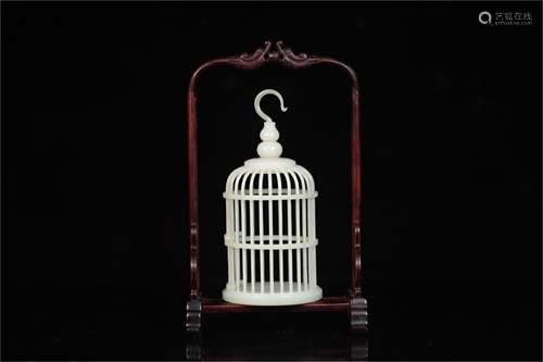 A Chinese Carved Jade Bird Cage