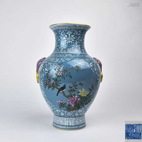 A Chinese Blue Glazed Famille-Rose Porcelain Vase