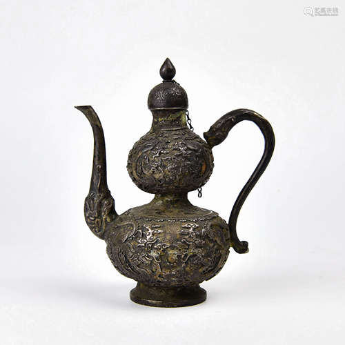 A Chinese Carved Silver Wine Pot