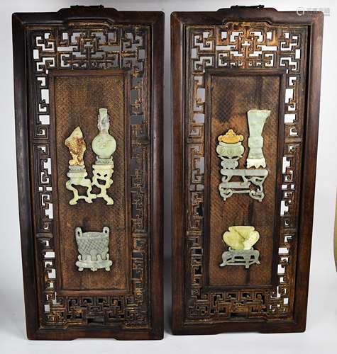 A Pair of Chinese Carved Rosewood Wall Screens with Inlaid