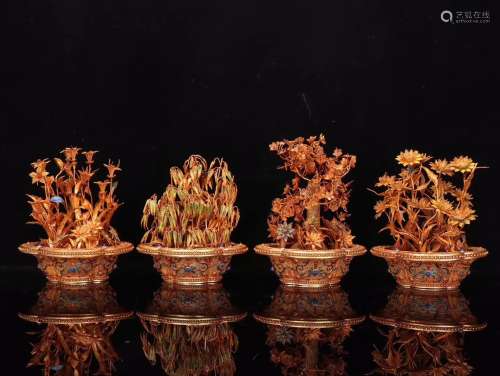 A Set of Four Chinese Gilt Silver Flower Pot Decorations