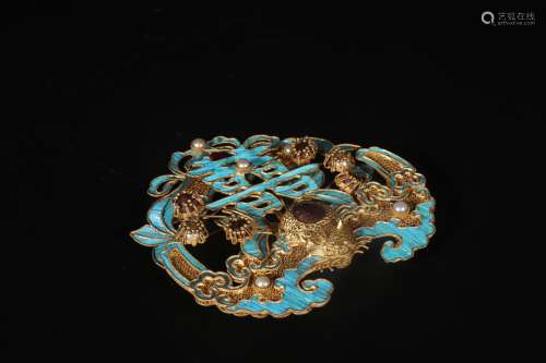 A Chinese Gilt Silver Hair Pin with Kingfisher Feather Inlaid