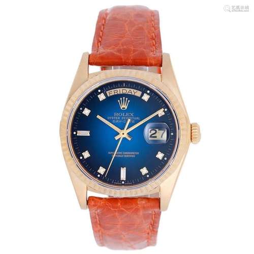 Rolex Yellow Gold Day-Date President Blue Diamond Dial Automatic Wristwatch