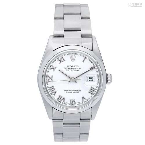 Rolex Stainless Steel Datejust White Roman Numerals Automatic Wristwatch