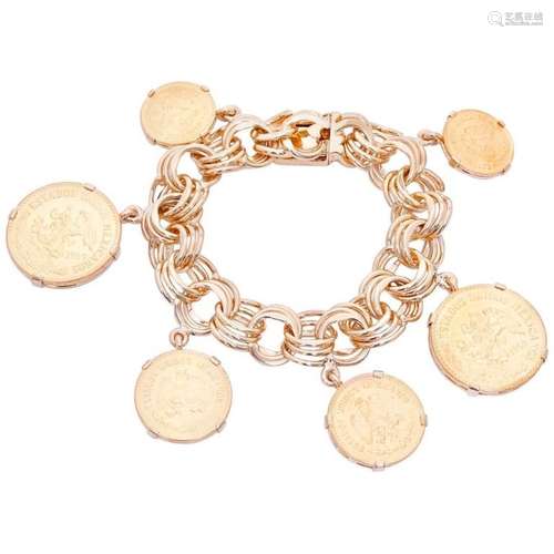 18 Karat Yellow Gold Charm Mexican Coin Bracelet