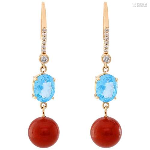 14 Karat Yellow Gold Blue Topaz and Red Jasper Diamond Dangle Earrings