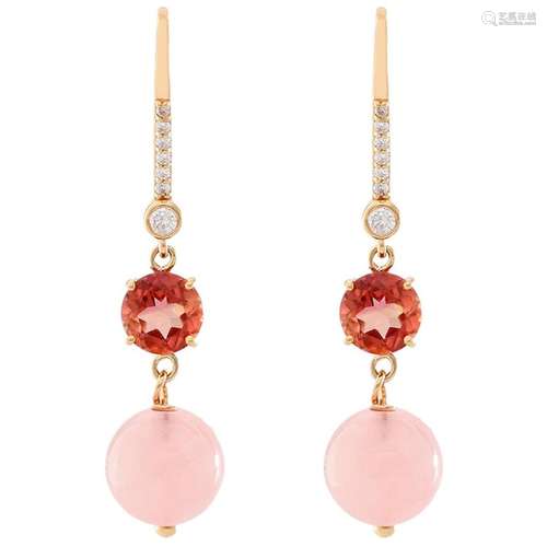 14 Yellow Gold Rose Garnet and Rose Quartz Diamond Dangle Earrings