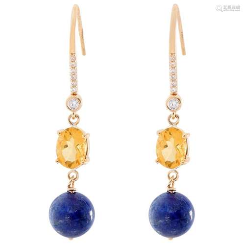 14 Yellow Gold Citrine and Blue Lapiz Diamond Dangle Earrings