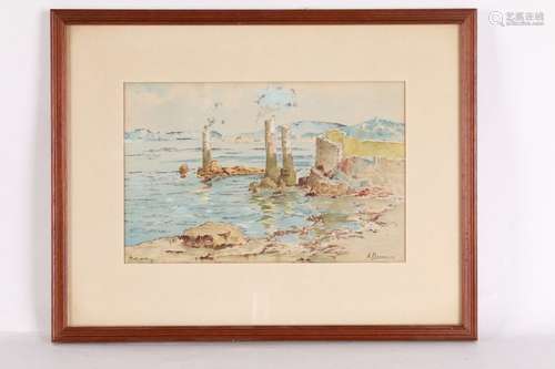 DEMEURE A. Les trois colonnes dans la mer, aquarel…