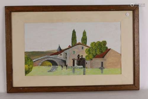 BRUN E.M, le pont, aquarelle, sbg, 36X50