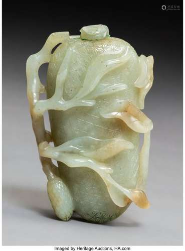 78052: A Chinese Carved Celadon Jade Lingzhi Snuff Bott