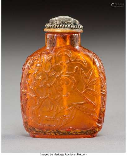 78063: A Chinese Amber Snuff Bottle with Jade-Inset Sto