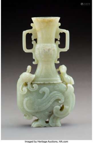 78075: A Chinese Carved Celadon Jade Vase with Phoenix-