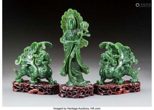 78082: Three Chinese Spinach Jade Carvings on Carved Ha