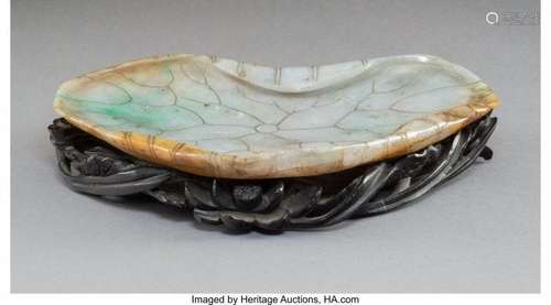 78084: A Chinese Carved Jadeite Lotus Leaf-Form Tray wi