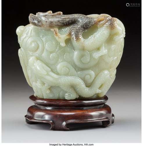 78090: A Chinese Carved Yellow Jade Brush Pot on Hardwo