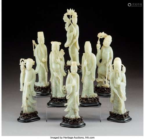 78121: A Set of Eight Chinese Pale Jade Figures Depicti