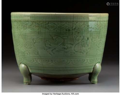 78150: A Chinese Incised Longquan Tripod Censer, Ming D