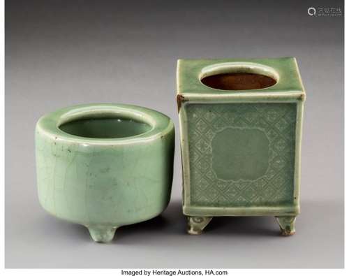 78151: Two Chinese Celadon Glazed Earthenware Censers,