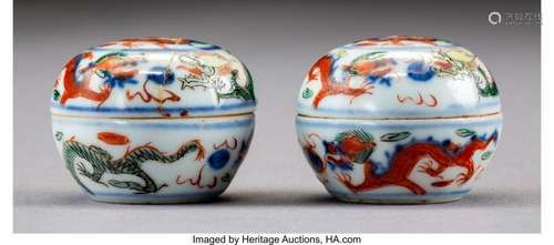 78155: A Pair of Chinese Wucai Porcelain Covered Boxes,