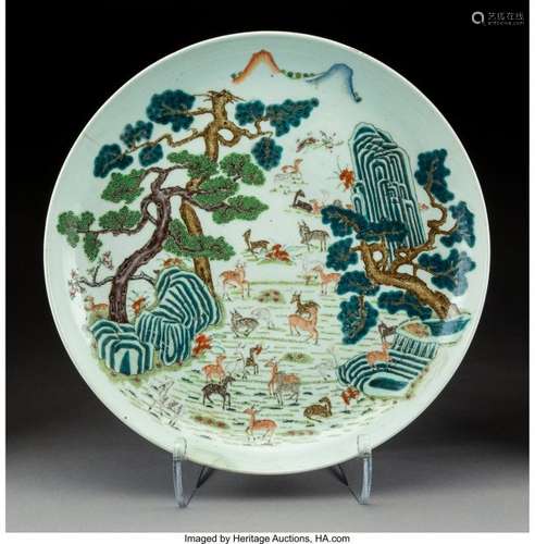 78213: A Chinese Enameled Porcelain Deer Charger , late