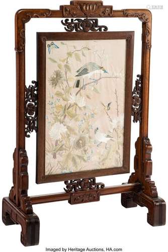 78273: A Chinese Carved Hardwood Screen with Embroidere