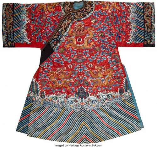 78277: A Chinese Red-Ground Silk Dragon Court Robe, lat