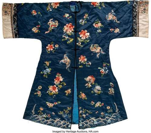 78280: A Chinese Blue Ground Embroidered Floral Silk Ro