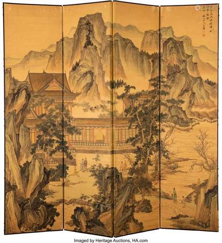 78293: A Chinese Four-Panel Ink and Color on Silk Scree