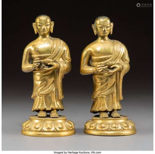 78310: A Rare Pair of Sino-Tibetan Gilt Bronze Luohan,