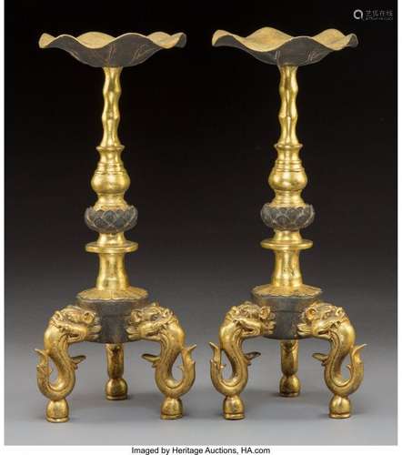 78312: An Unusual Pair of Chinese Gilt Bronze Candle St