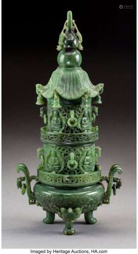 78362: A Chinese Spinach Jade Pagoda-Form Censer 11-1/4