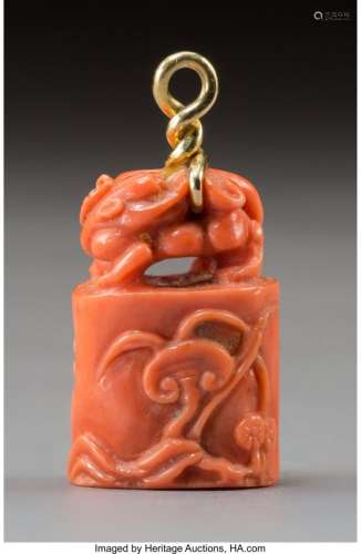 78369: A Chinese Carved Coral and Gold Pendant 1-5/8 x