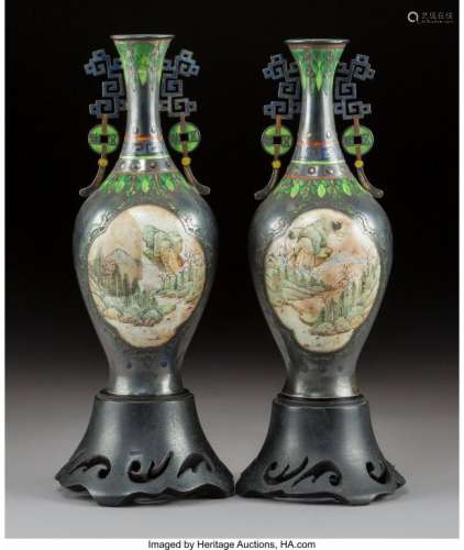 78395: A Pair of Chinese Enameled Silver Vases on Carve