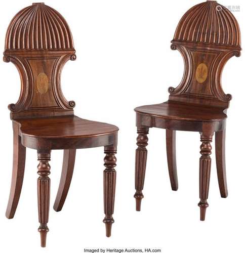 21179: A Pair of William IV Inlaid Mahogany Hall Chairs