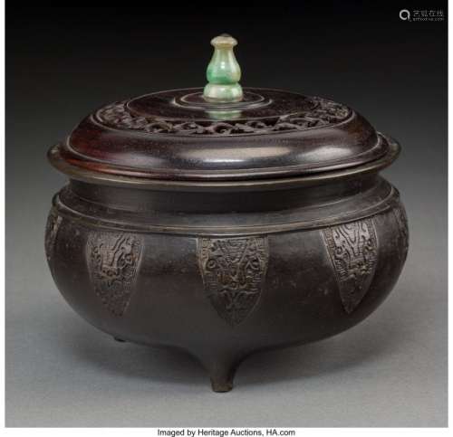 21270: A Chinese Bronze Tripod Censer with Hardwood and