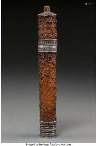 21276: A Sino-Tibetan Carved Amber and Pewter Incense H