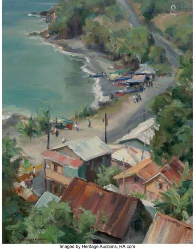 68175: Clyde Aspevig (American, 1951) Seaside Town Oil