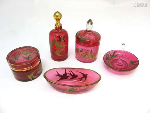 Glass : a 5 piece c. 1910 Cranberry glass dressing