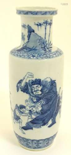 A Chinese blue and white Rouleau vase, decorated in an