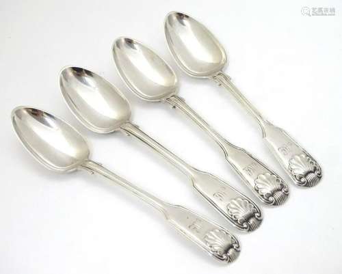 Four silver fiddle, thread and shell pattern teaspoons