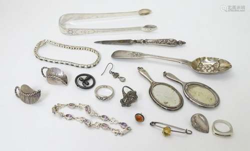 Assorted items to include silver sugar tongs with