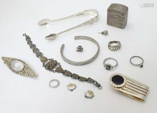 Assorted items including silver sugar tongs hallmarked