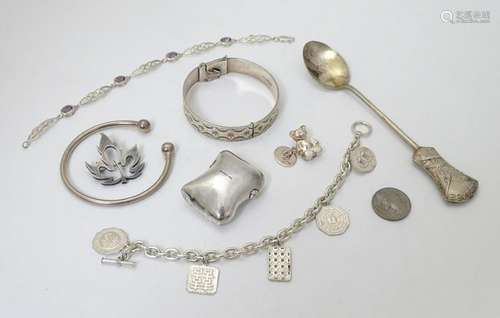 Assorted items to include a silver bangle bracelet