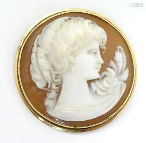 A shell carved cameo brooch of circular form within a
