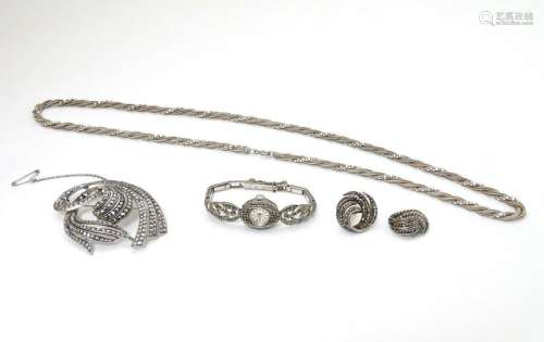 Assorted marcasite jewellery including a silver brooch,