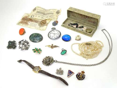 Assorted items including silver brooch with blue